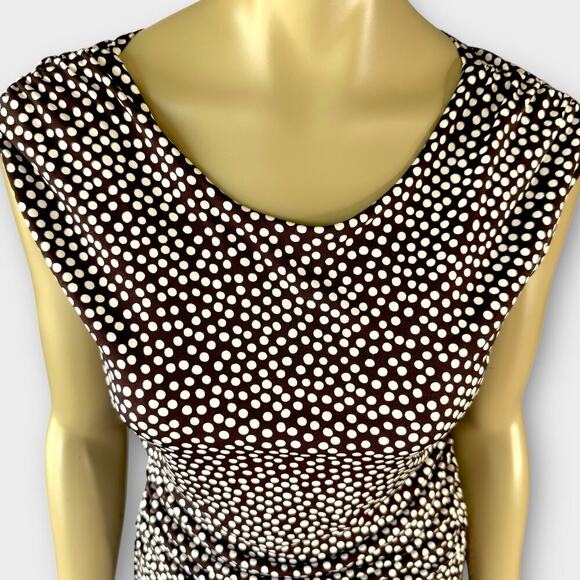 Enfocus Studio Sleeveless Polka Dot Dress Ruched Stretchy Size 12 Brown White - Picture 6 of 15